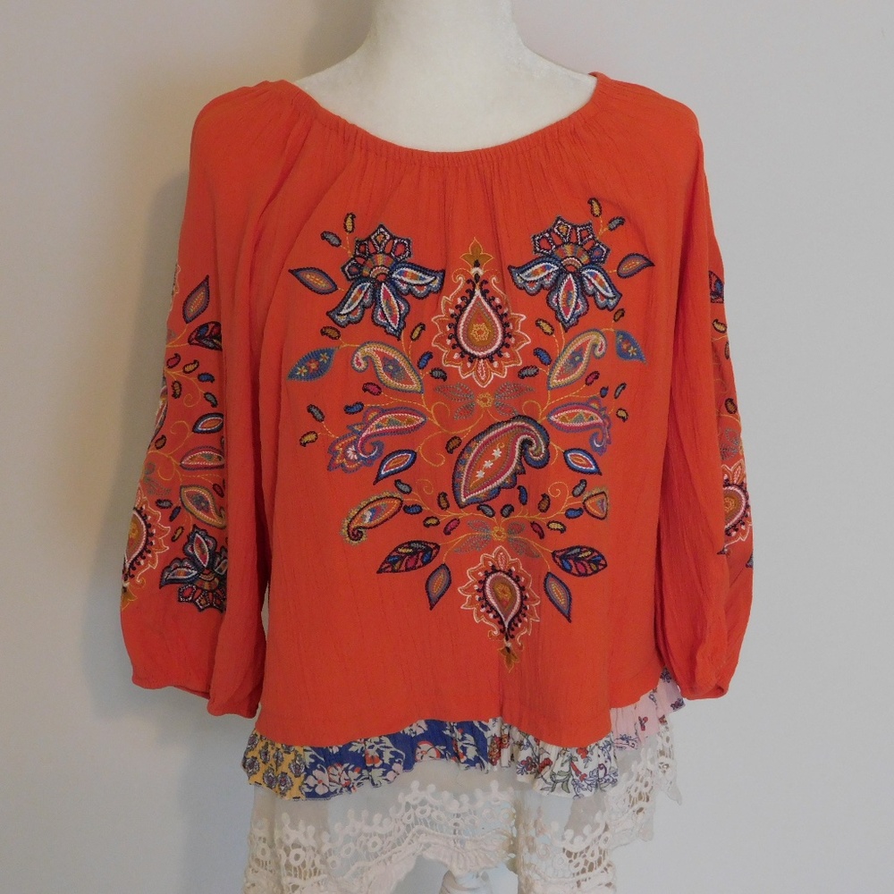 John Mark Orange Boho Tiered Blouse LRG Washable Embroidered On Off Shoulder